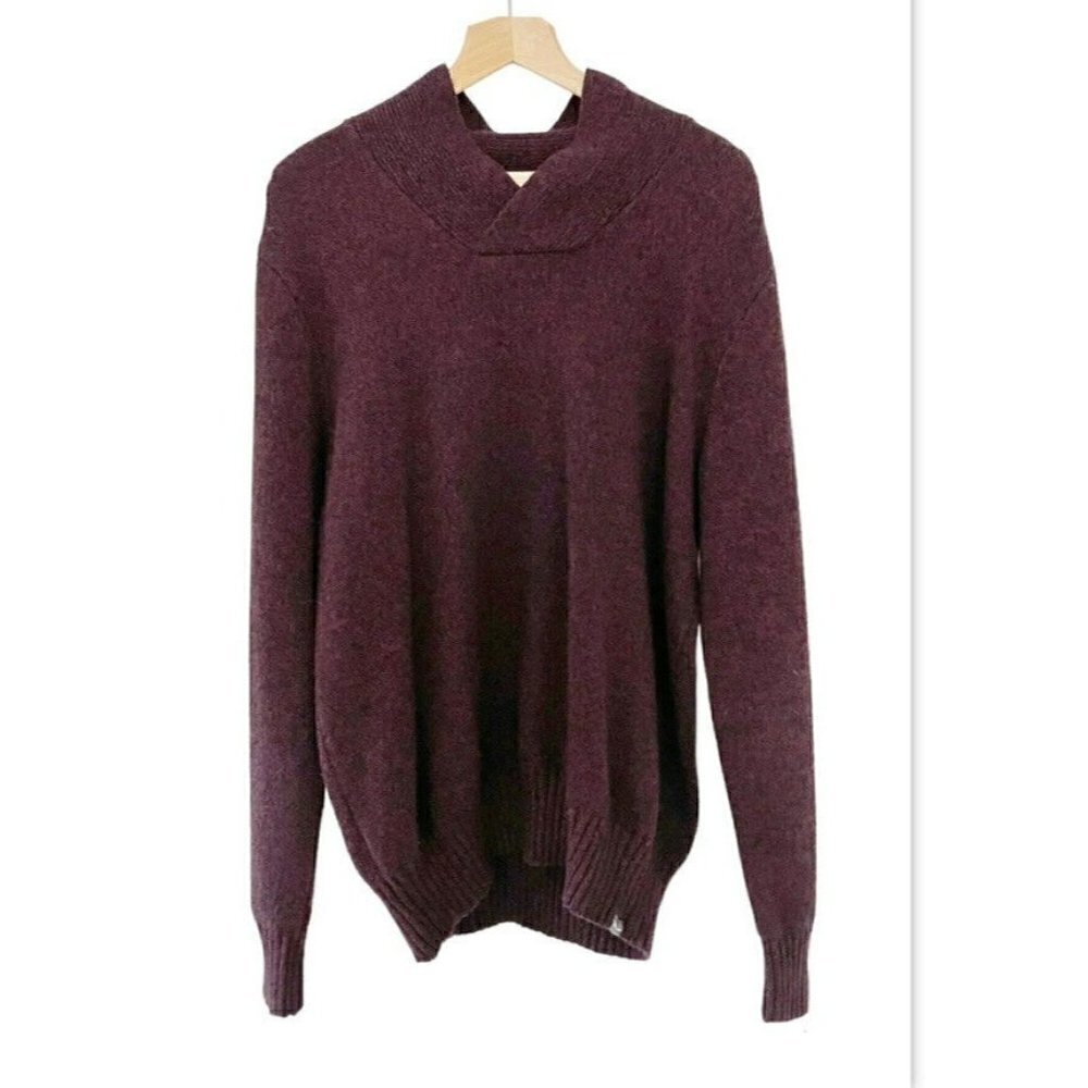 Eddie Bauer Men's Sz L Burgundy Wool Blend Shawl Neck Pullover Sweater